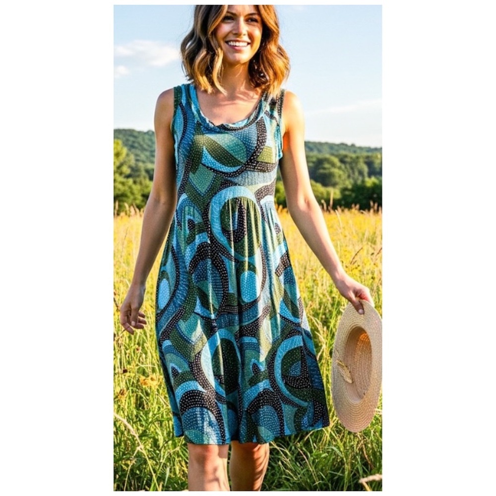 NWT BCBGMaxAzria Dress Abstract Print Sleeveless Midi Blue Green‎ Size Small